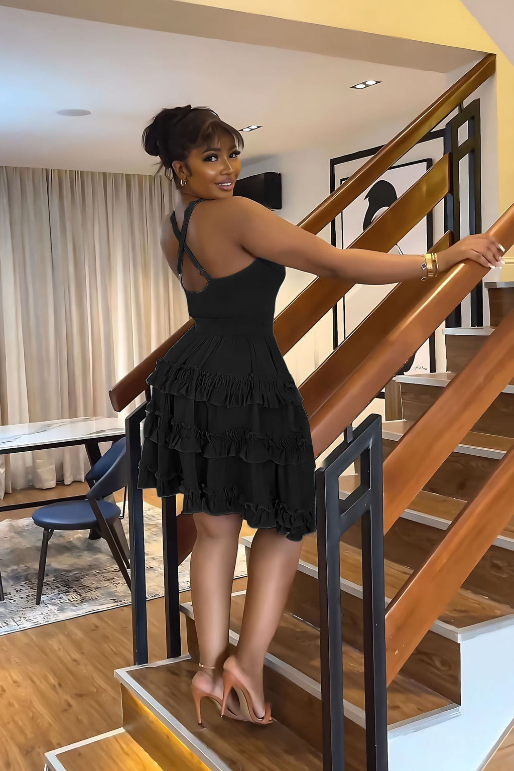 Backless Strap Tiered Mini Dress