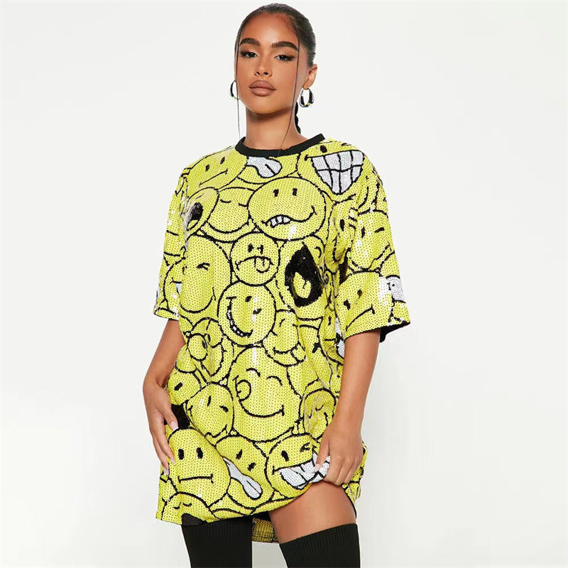 Women's Clothing Internet Celebrity Sequined Smiley Top Women Sexy Nightclub Sexy T Shirt