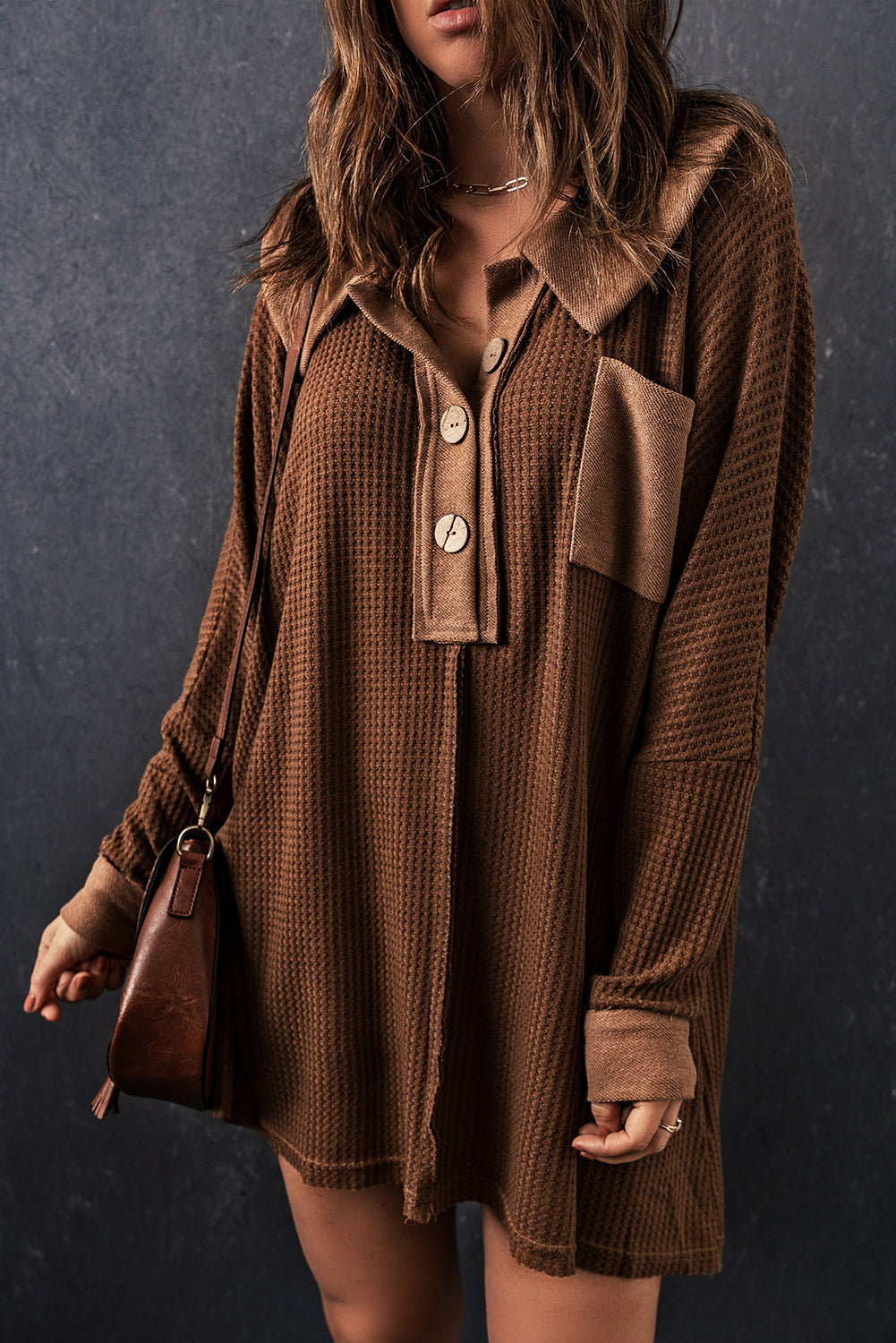 Brown Mineral Dyed Vintage Waffle Smock Top Loose T-Shirt