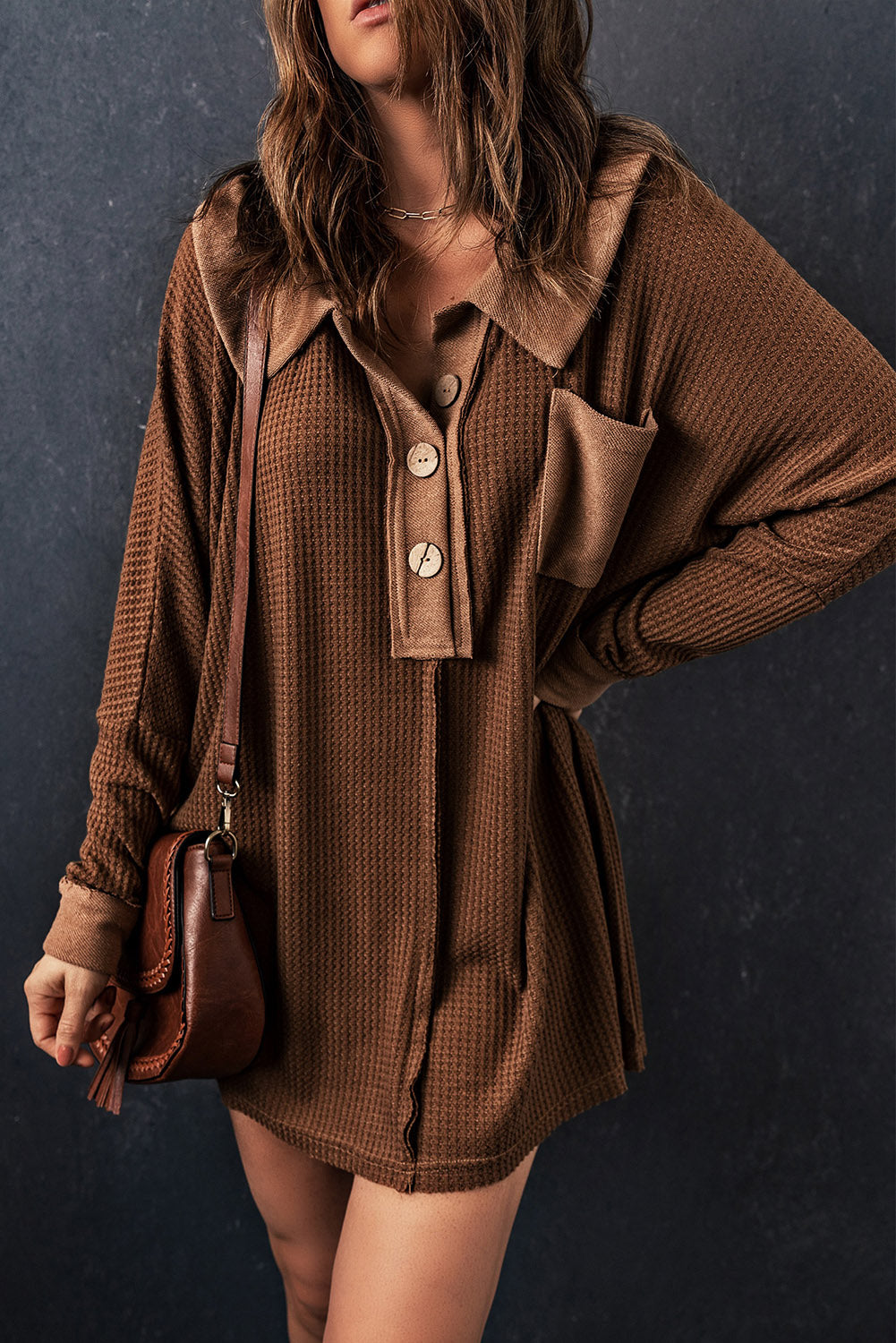 Brown Mineral Dyed Vintage Waffle Smock Top Loose T-Shirt