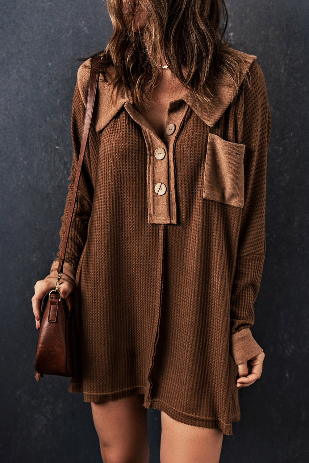 Brown Mineral Dyed Vintage Waffle Smock Top Loose T-Shirt