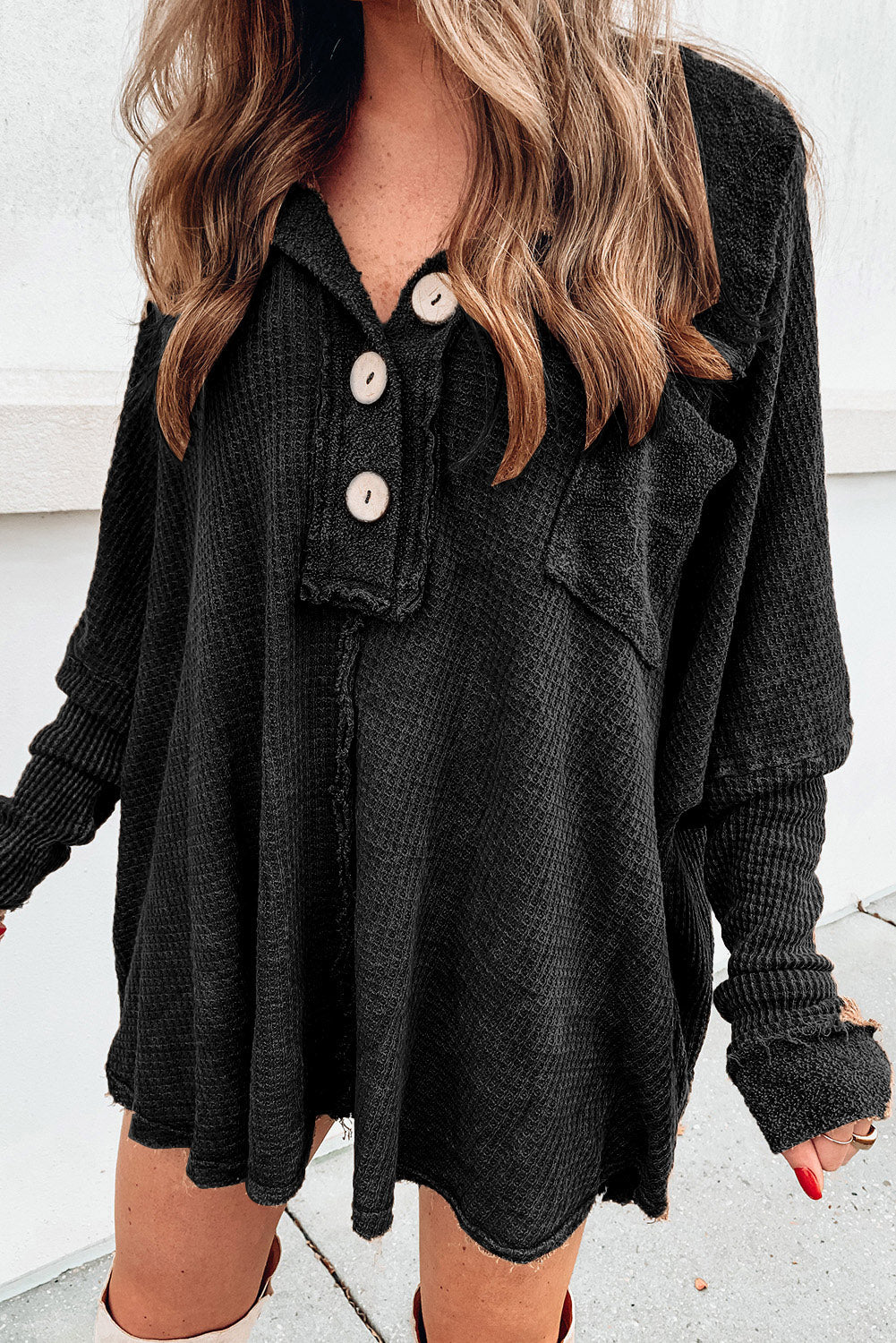 Brown Mineral Dyed Vintage Waffle Smock Top Loose T-Shirt