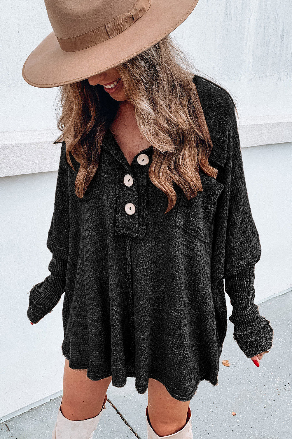 Brown Mineral Dyed Vintage Waffle Smock Top Loose T-Shirt