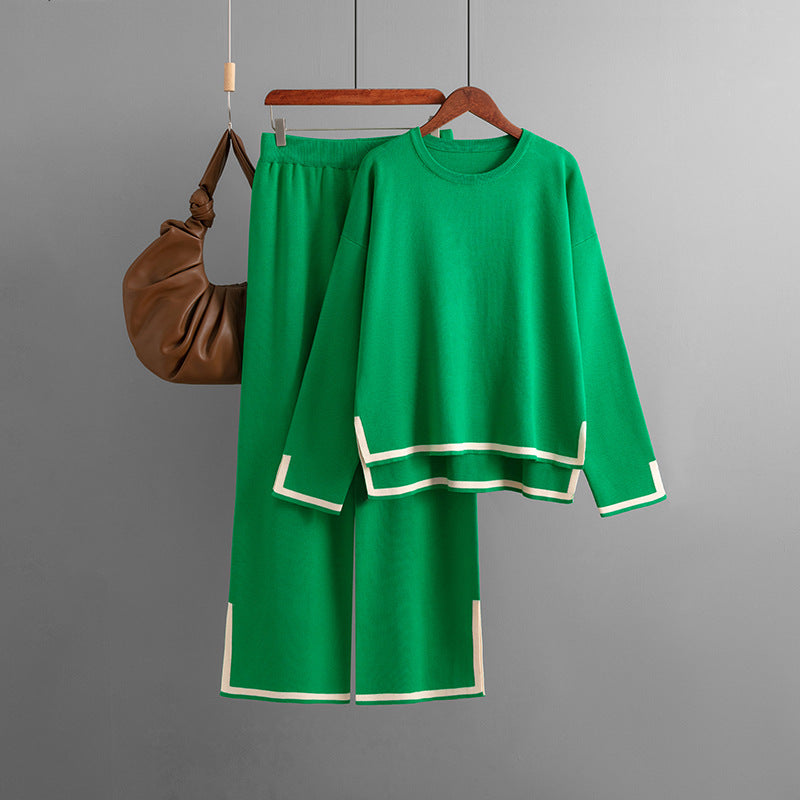 Autumn Winter Elegant Contrast Color Split Long-Sleeve Knitting Suit High-Waisted Slim Fit Wide Leg Set
