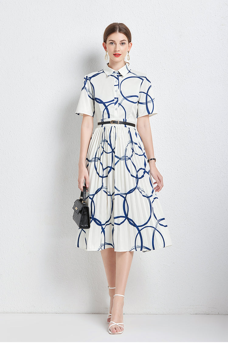 Printed Collared Button Short-Sleeve A-Line Midi Dress