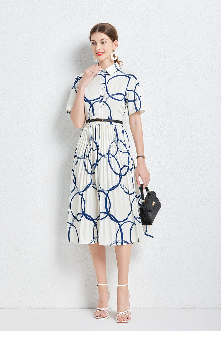 Printed Collared Button Short-Sleeve A-Line Midi Dress