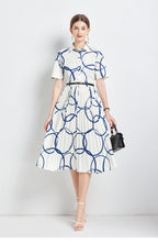 Printed Collared Button Short-Sleeve A-Line Midi Dress