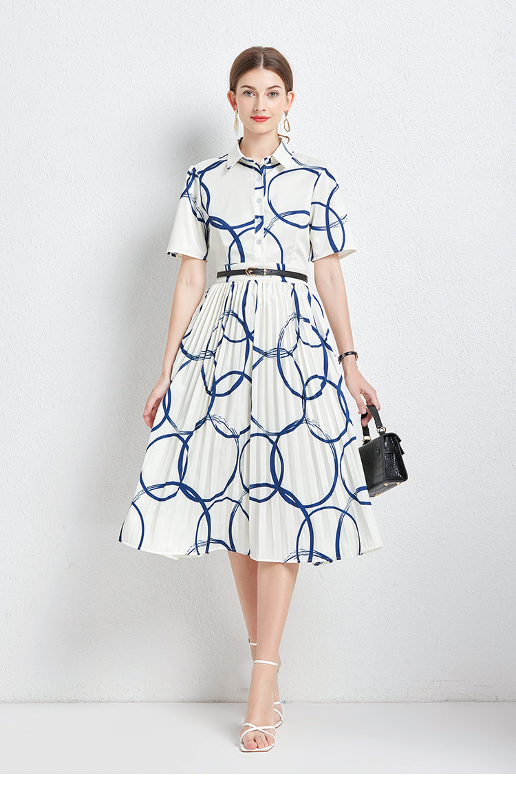 Printed Collared Button Short-Sleeve A-Line Midi Dress