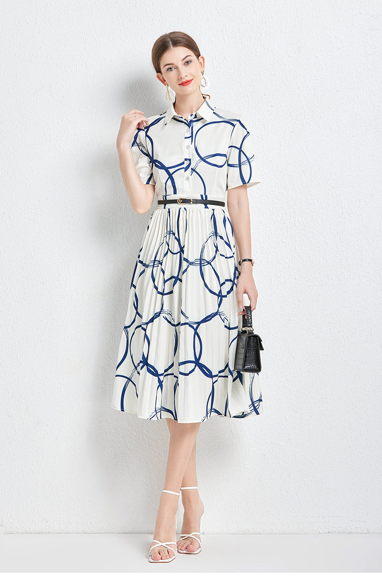 Printed Collared Button Short-Sleeve A-Line Midi Dress