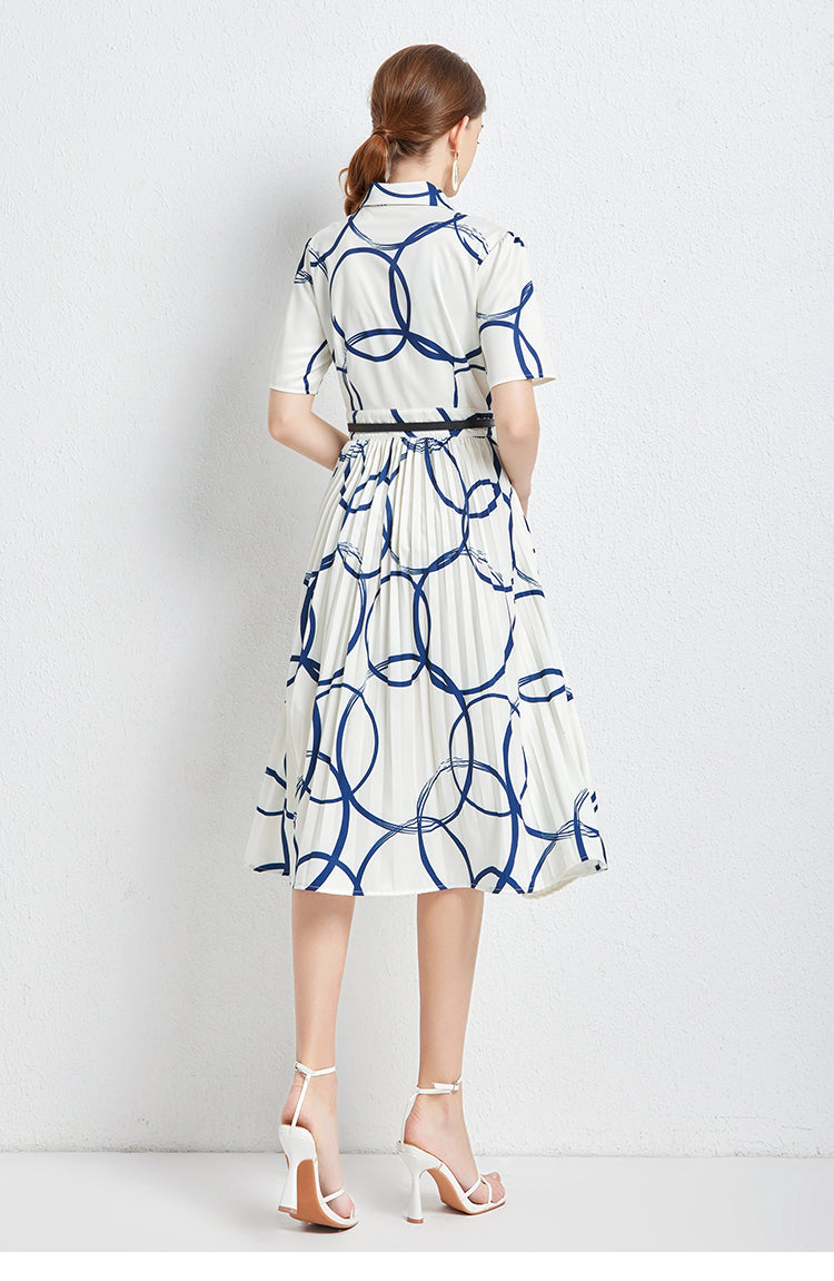 Printed Collared Button Short-Sleeve A-Line Midi Dress