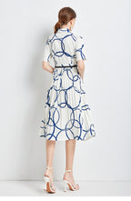 Printed Collared Button Short-Sleeve A-Line Midi Dress