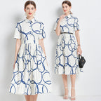 Printed Collared Button Short-Sleeve A-Line Midi Dress