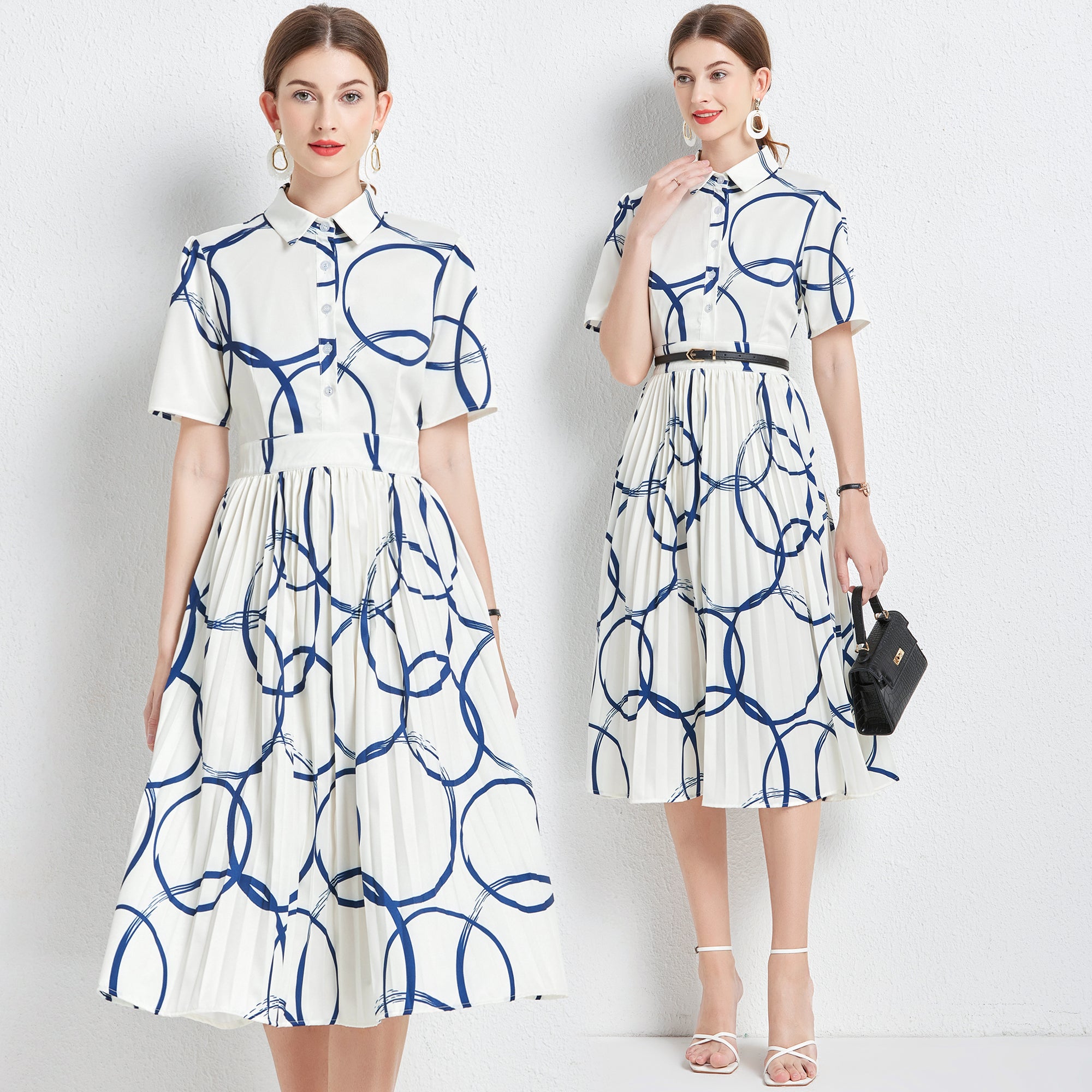 Printed Collared Button Short-Sleeve A-Line Midi Dress