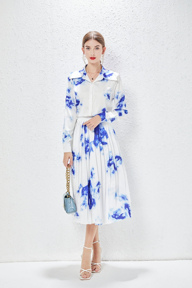 Women's New Summer Pleated Shirt and Skirt Two-Piece Set