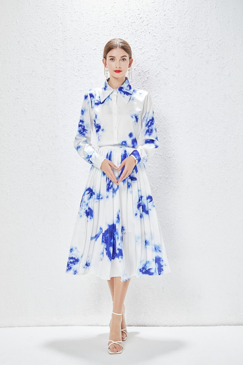 Women's New Summer Pleated Shirt and Skirt Two-Piece Set