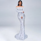 Women's Sequined Evening Off Shoulder Feather Long Sleeve Party Dress
