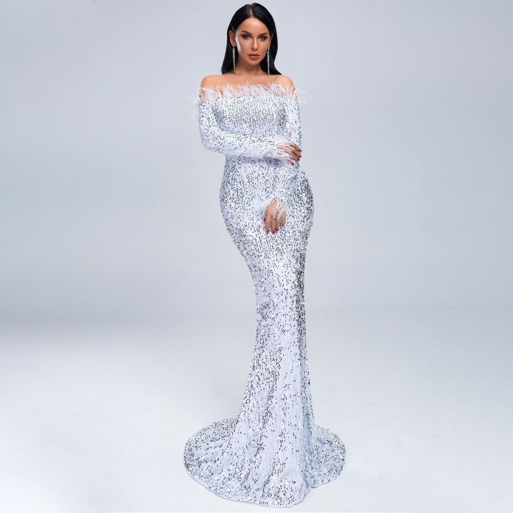 Women's Sequined Evening Off Shoulder Feather Long Sleeve Party Dress