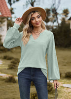 V-Neck Patchwork Long Sleeve Blouse