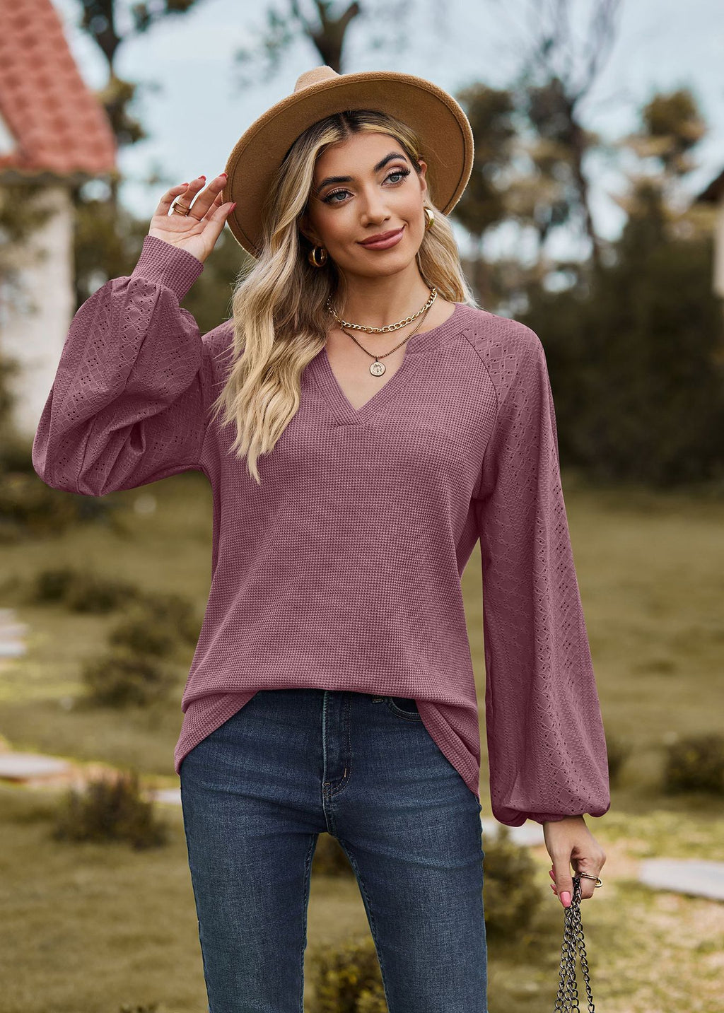 V-Neck Patchwork Long Sleeve Blouse