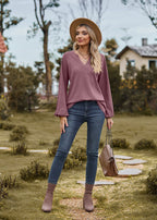V-Neck Patchwork Long Sleeve Blouse