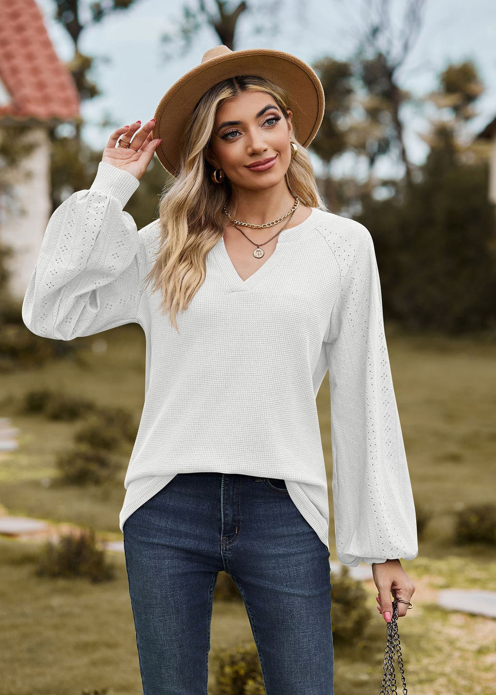 V-Neck Patchwork Long Sleeve Blouse