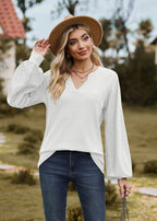 V-Neck Patchwork Long Sleeve Blouse