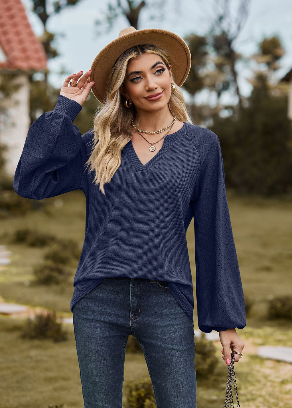 V-Neck Patchwork Long Sleeve Blouse