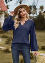 V-Neck Patchwork Long Sleeve Blouse