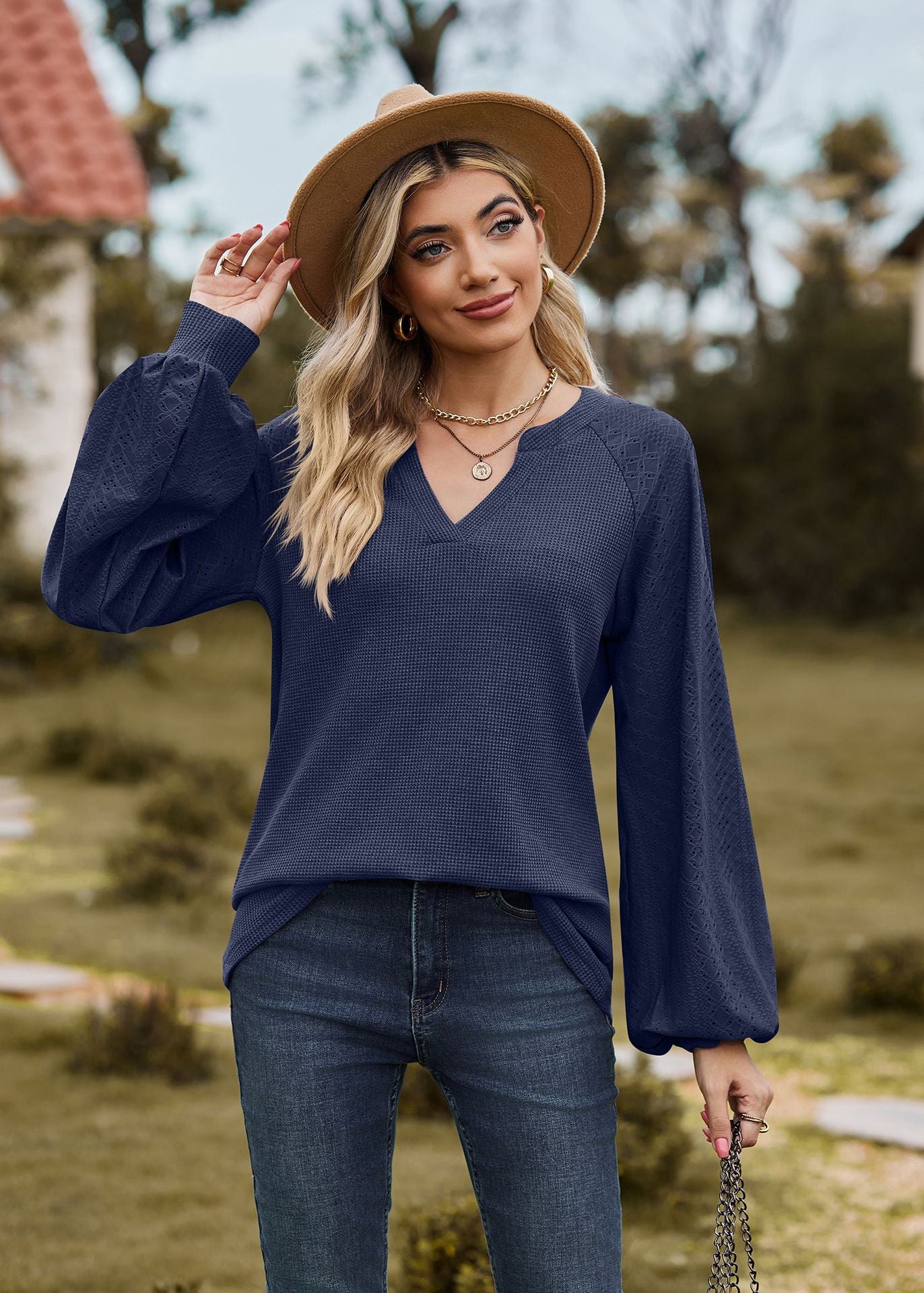 V-Neck Patchwork Long Sleeve Blouse
