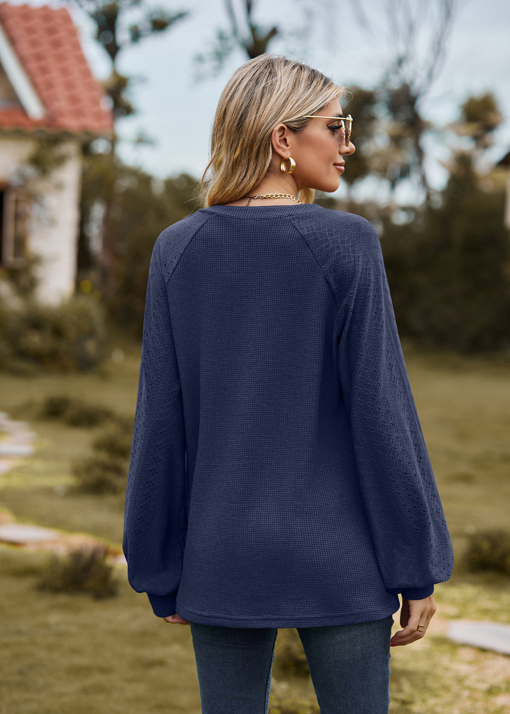 V-Neck Patchwork Long Sleeve Blouse