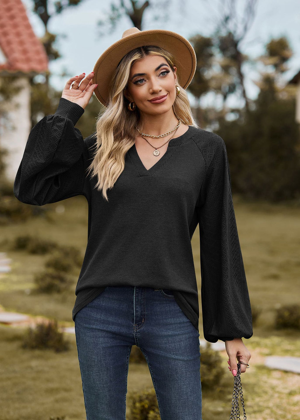 V-Neck Patchwork Long Sleeve Blouse