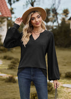 V-Neck Patchwork Long Sleeve Blouse