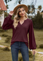 V-Neck Patchwork Long Sleeve Blouse