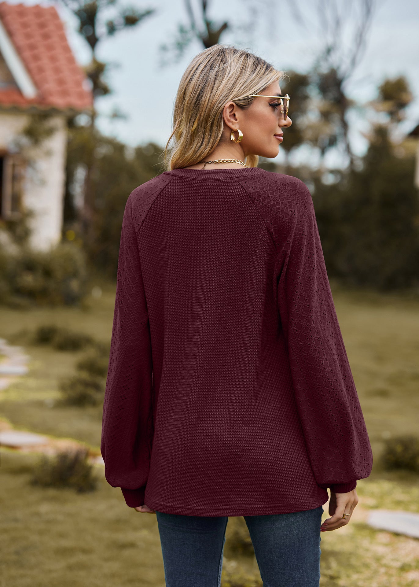 V-Neck Patchwork Long Sleeve Blouse