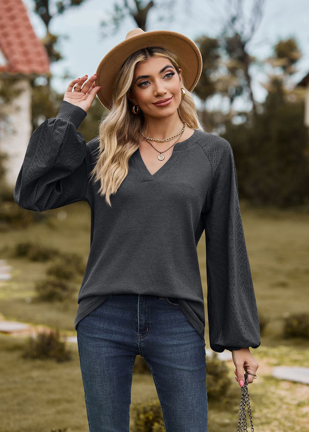 V-Neck Patchwork Long Sleeve Blouse