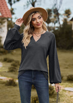 V-Neck Patchwork Long Sleeve Blouse