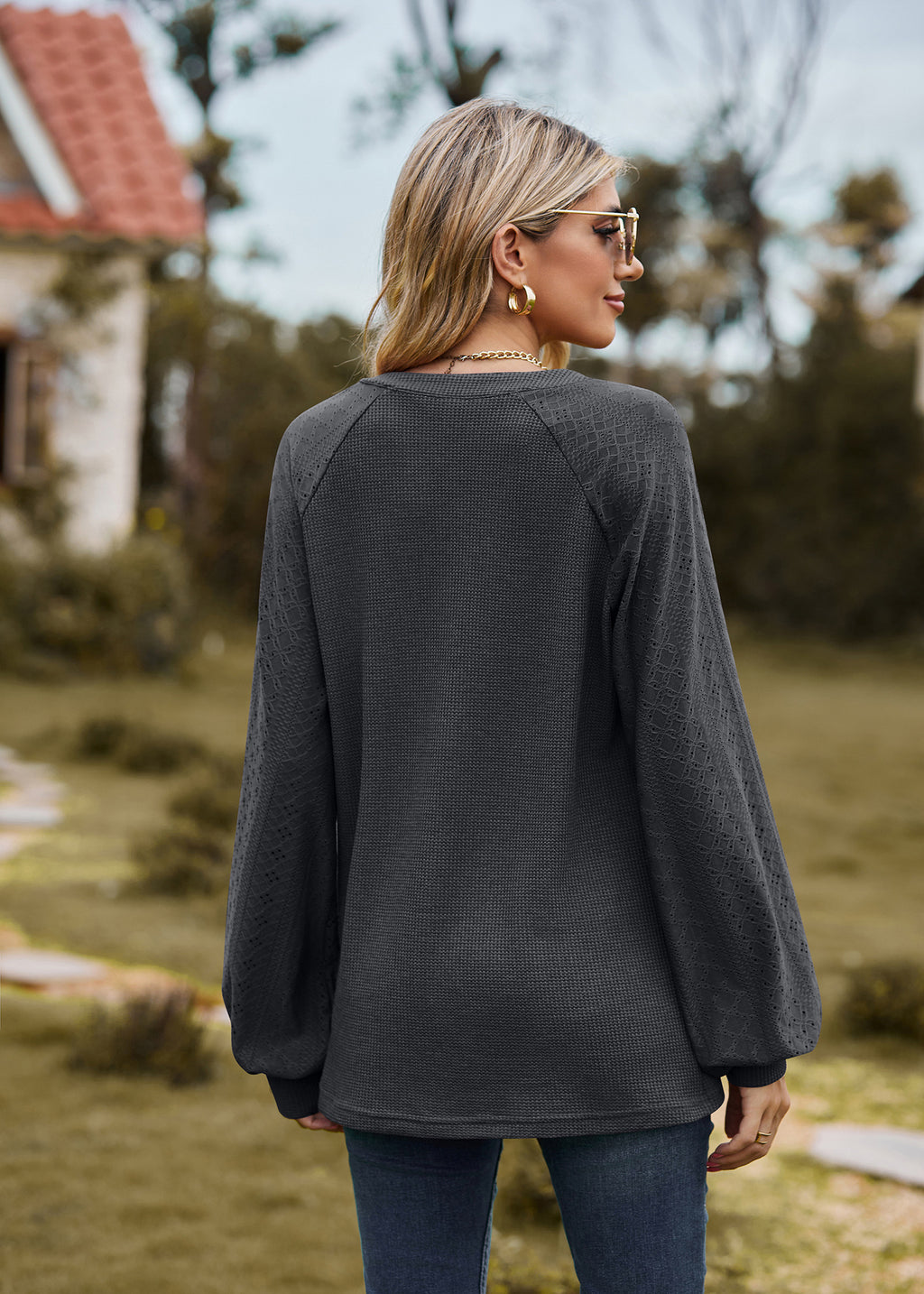 V-Neck Patchwork Long Sleeve Blouse