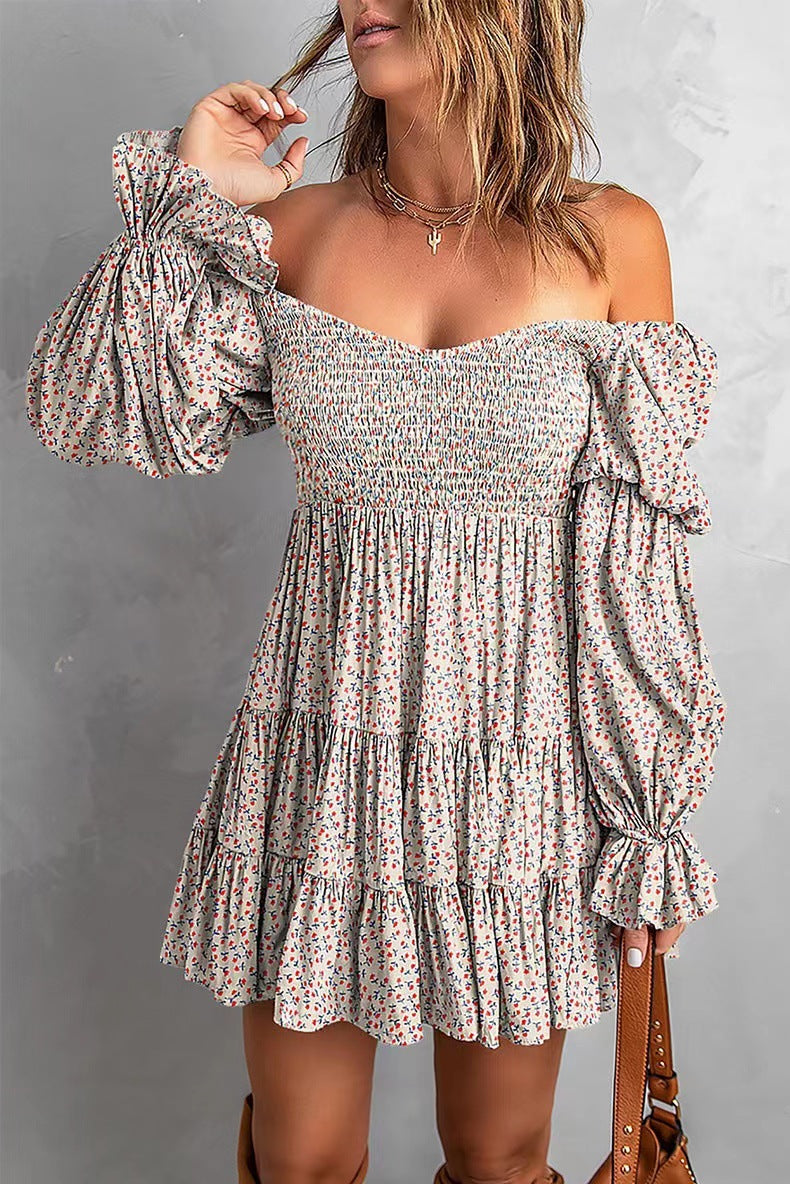 Women's Autumn Solid Color Waist Tight Pleated A Line Sexy Off Shoulder Dress