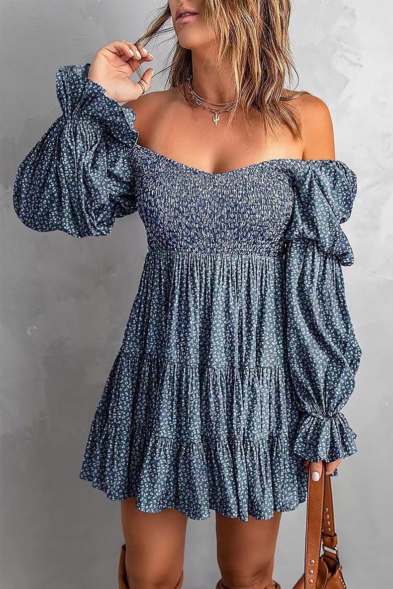 Women's Autumn Solid Color Waist Tight Pleated A Line Sexy Off Shoulder Dress