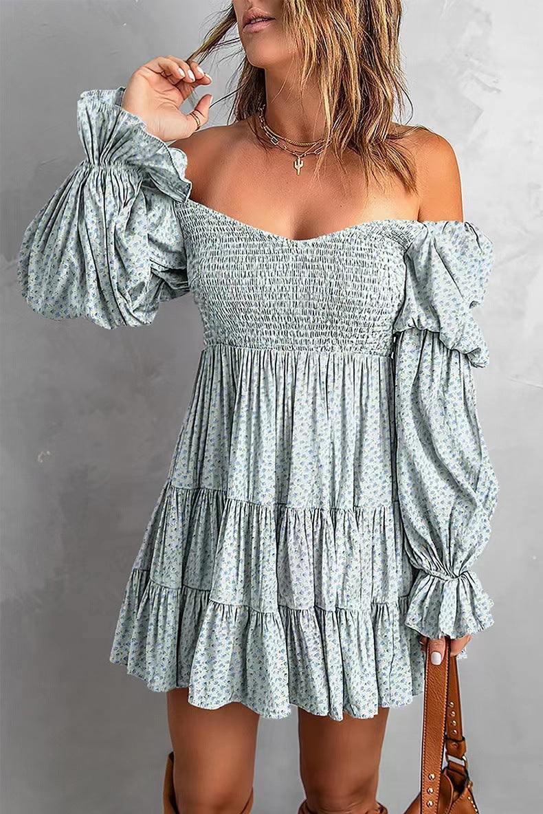 Women's Autumn Solid Color Waist Tight Pleated A Line Sexy Off Shoulder Dress