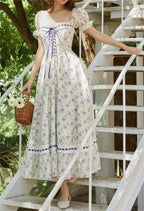 Women's Floral Lace-Up Square-Neck Puff-Sleeve Midi Dress