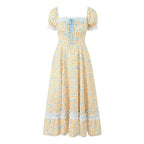 Women's Floral Lace-Up Square-Neck Puff-Sleeve Midi Dress