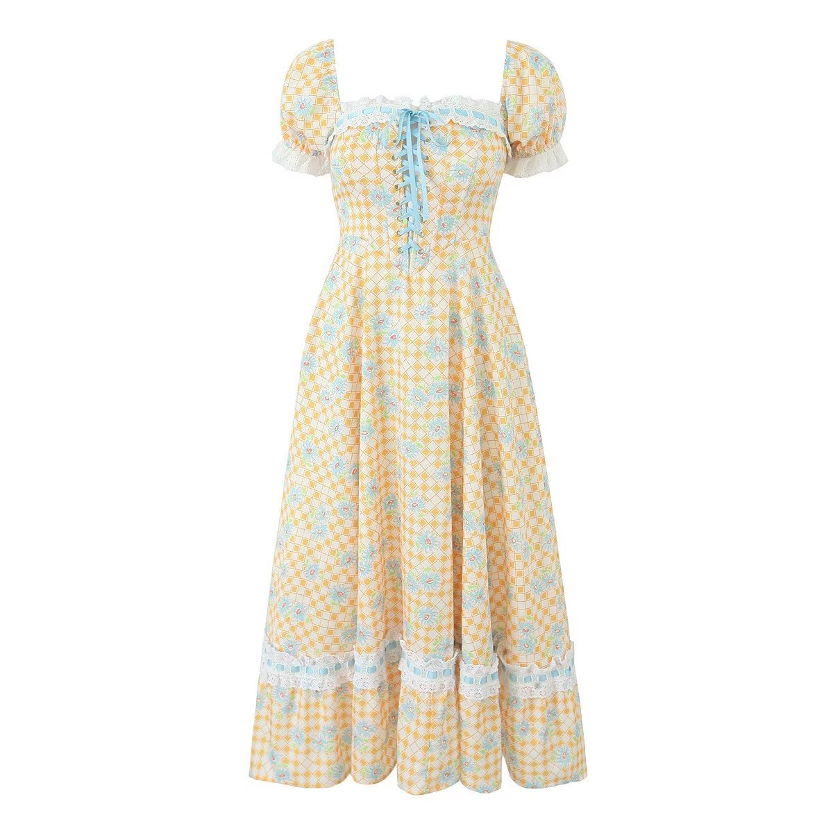 Women's Floral Lace-Up Square-Neck Puff-Sleeve Midi Dress