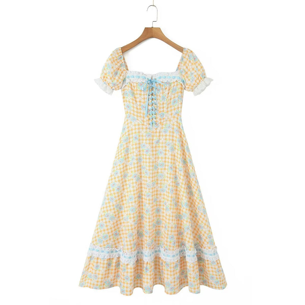 Women's Floral Lace-Up Square-Neck Puff-Sleeve Midi Dress