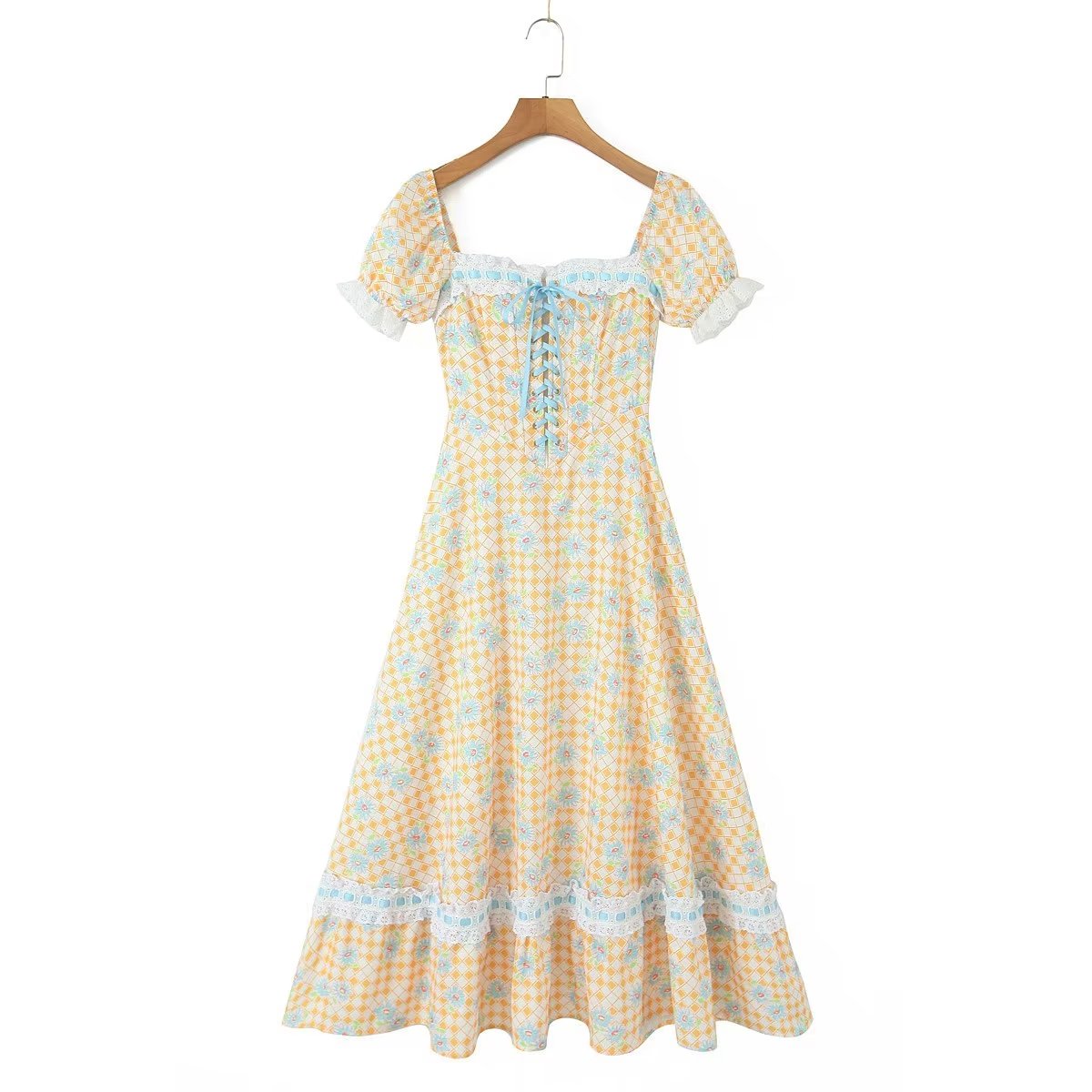 Women's Floral Lace-Up Square-Neck Puff-Sleeve Midi Dress