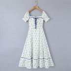 Women's Floral Lace-Up Square-Neck Puff-Sleeve Midi Dress