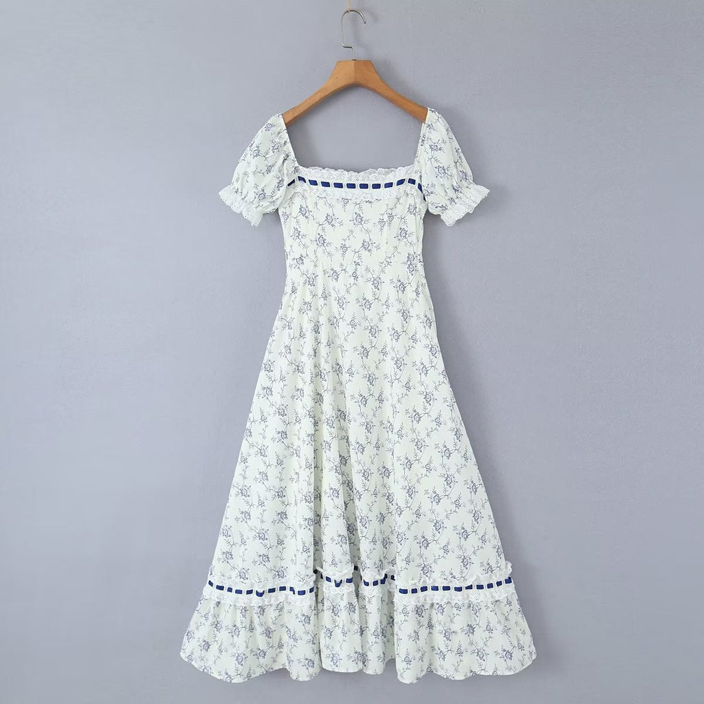 Women's Floral Lace-Up Square-Neck Puff-Sleeve Midi Dress