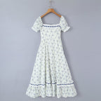 Women's Floral Lace-Up Square-Neck Puff-Sleeve Midi Dress