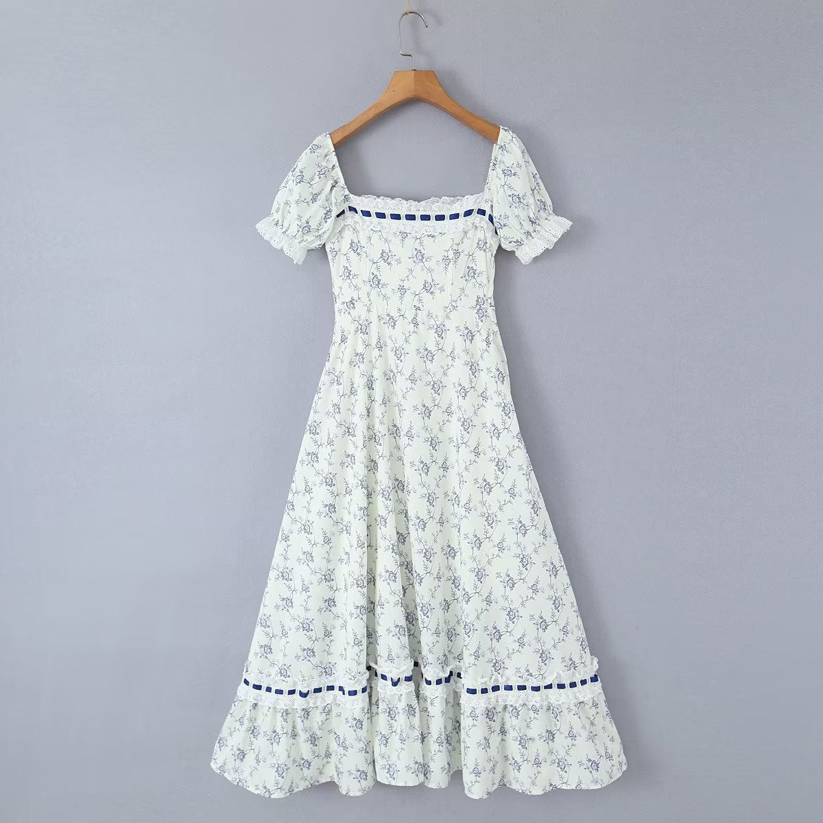 Women's Floral Lace-Up Square-Neck Puff-Sleeve Midi Dress
