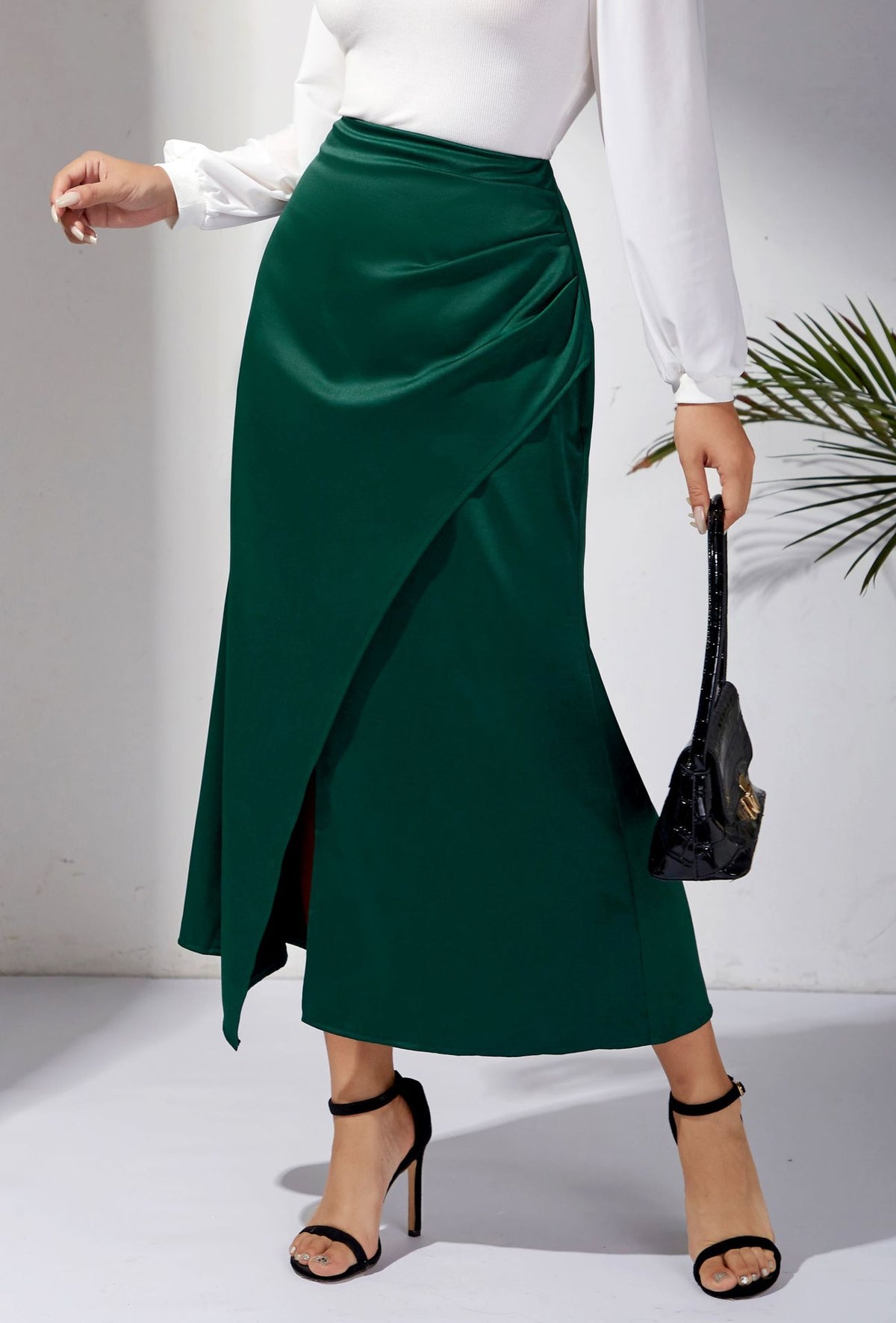 High-Waist Satin Pleated Fishtail Midi Skirt